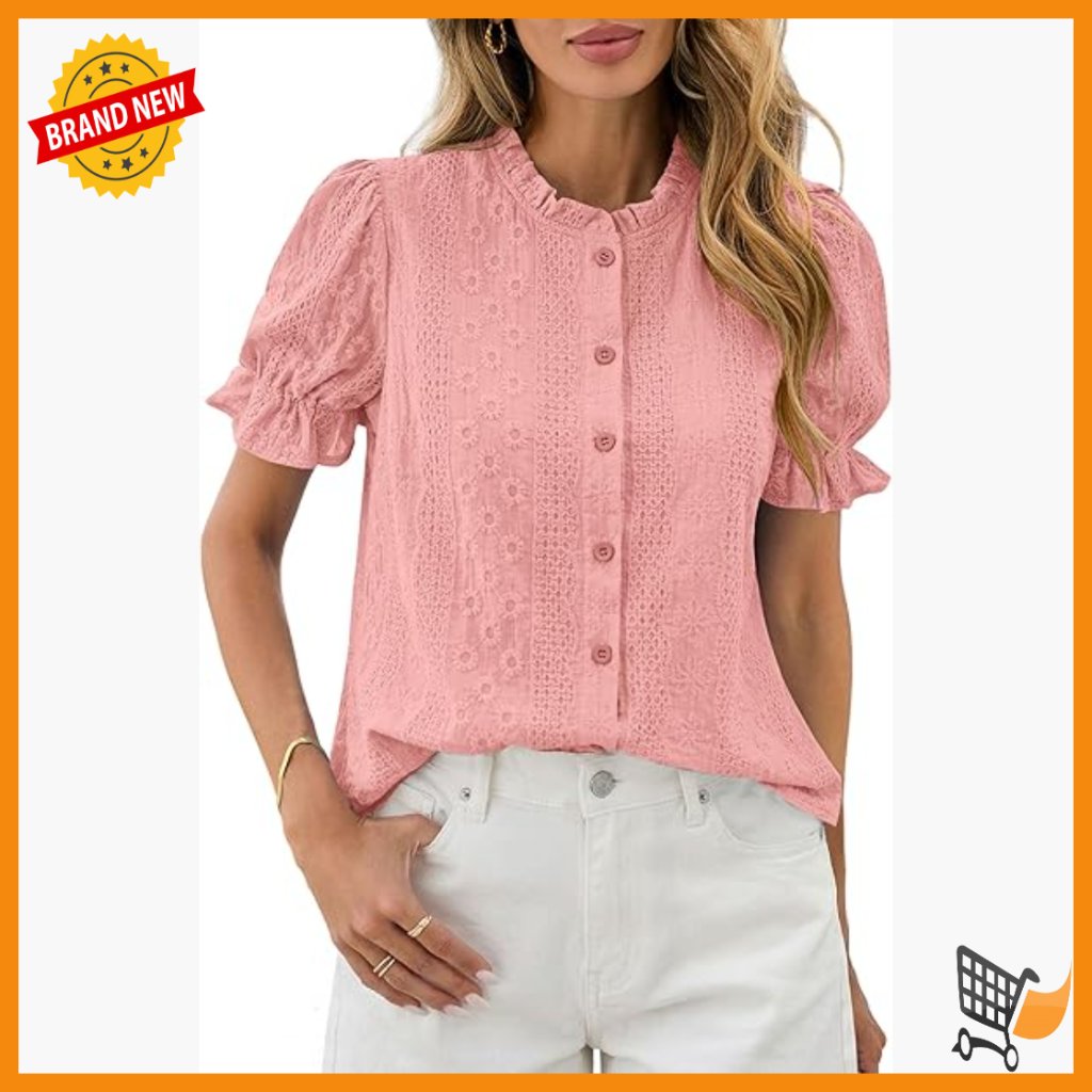 Puff Sleeve Button Down Blouse, Floral Embroidery, Cotton, Boho Casual
